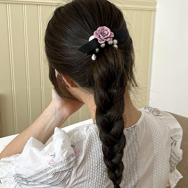 French Elegant Rose & Pearl Hair Scrunchie - Stylish Versatile Bow Hair Tie, Elastic Hair Band for Ponytails