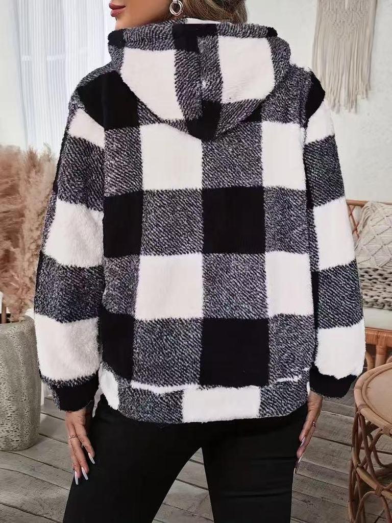 Plaid Zipper Plush Hooded Long Sleeve Women's Hoodie - 2025 Autumn/Winter Collection