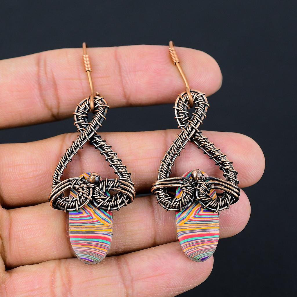 Rainbow Calsilica Handmade Copper Wire Wrap Jewelry Earring 2.76 u7V64