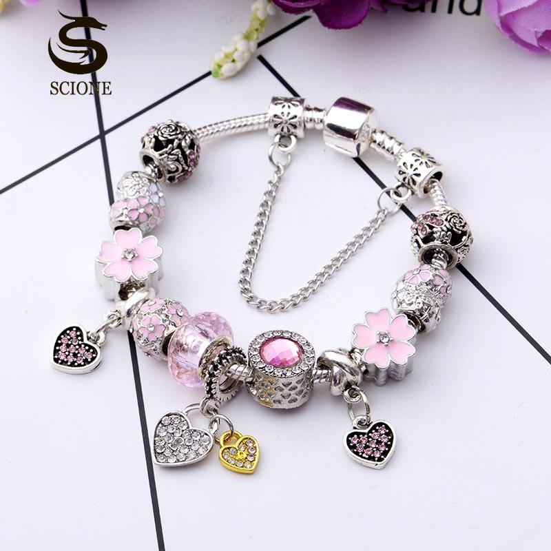 SCIONE Prezenty na Walentynki Biżuteria Srebrny Zestaw Bransoletek Różowa Kochaj Swoje Serce Kwiat Opalowa Bransoletka