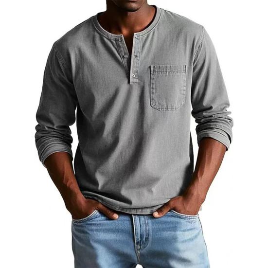 Maglietta da uomo Girocollo Bottoni Colletto Manica Lunga T-shirt con Taschino Frontale Tinta Unita Vestibilità Slim Top Casual