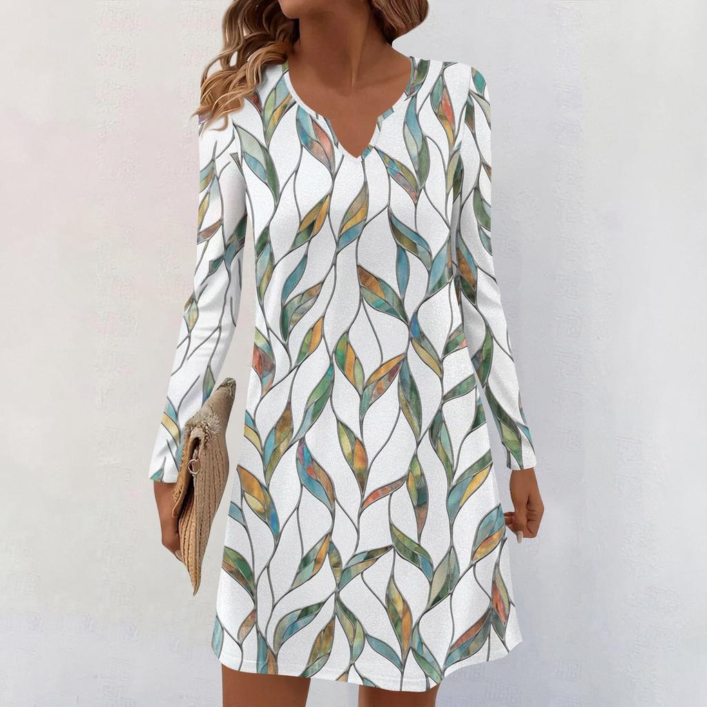 Women's Long-sleeved Casual Midi Dresses V-Neck Print  Casual Dress