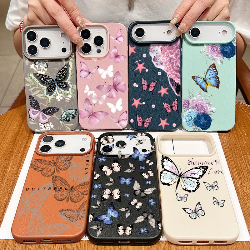 For iPhone 18 Pro Max Case Colorful Butterfly Leather Texture Silicone Cover For iPhone 17 16 15 14 13 Pro Max 16E 17E