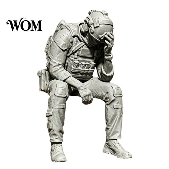 Tactical Equipment Sculpture 3D Printed Soldier Figurine Ornament, Sitting Statue, Desk Accessory Funny Tired for Table Shelf Edge Decor Miniature
