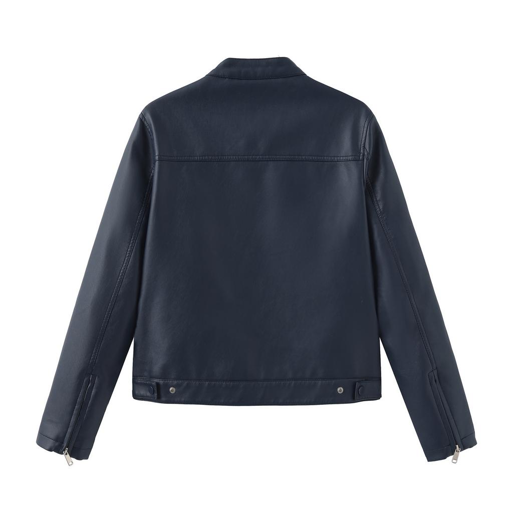 Women's Casual Solid Color Stand Up Collar Long Sleeved Zipper Pocket Jacket Motorcycle Suit Jacket Leather Jacket