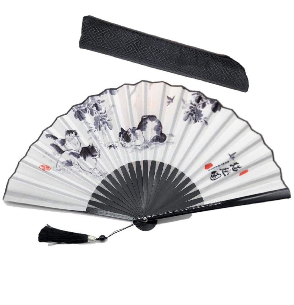 White fan with cat featuring three spotted cats in an antique ink painting Includes a black brocade fan design, style. case.