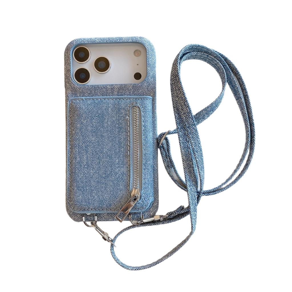 Denim card bag is suitable for Apple 17Air mobile phone case iPhone16Pro mirror 15max lanyard 14 protective case.