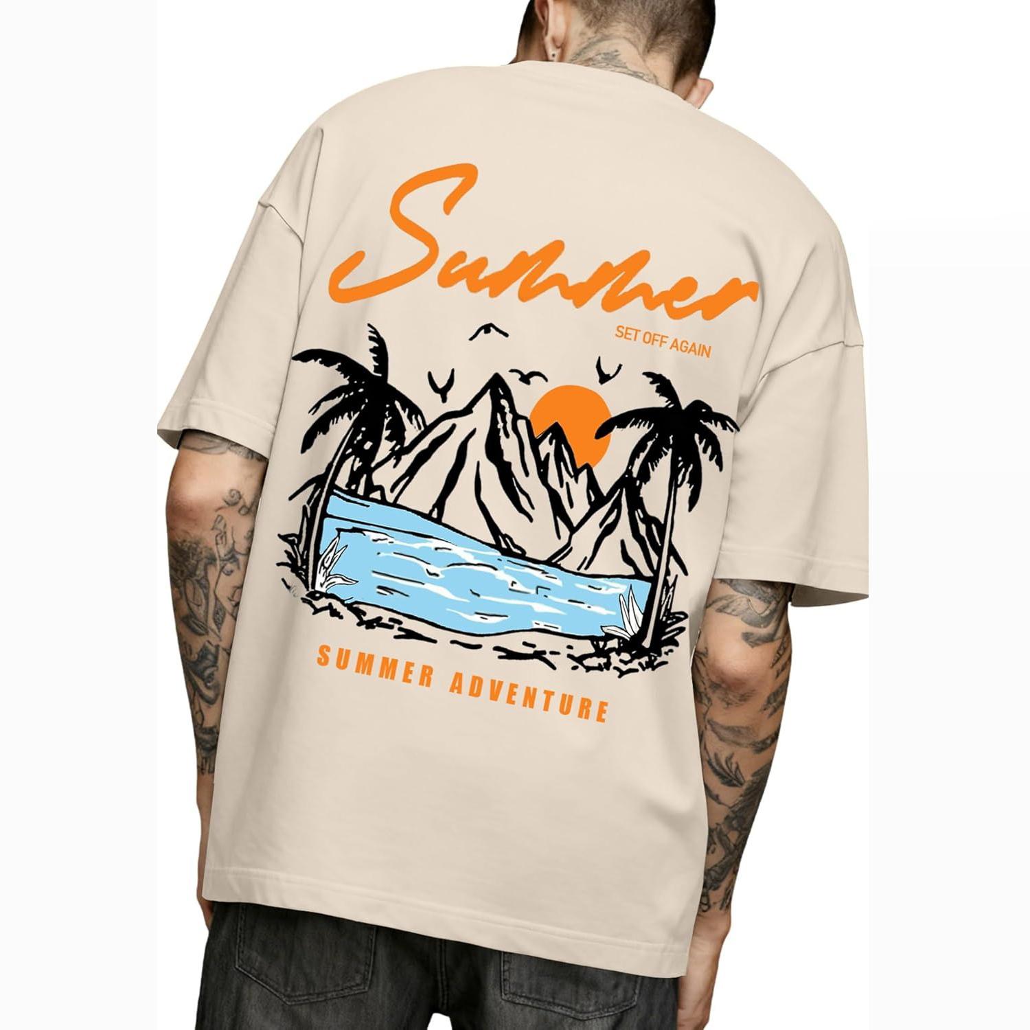 

Men s Summer Adventure Palm Tree & Mountain Print Tee, Vacation Style Casual T-Shirt L бежевый