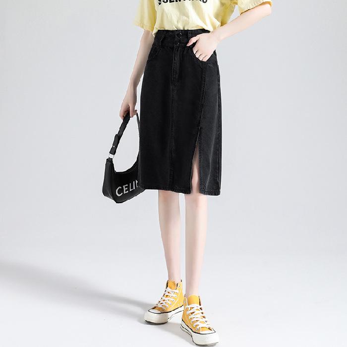 Spring and Summer Silk Denim Skirt for Women In Women's Summer New Black High Waist with Front Slit To Show Temperament