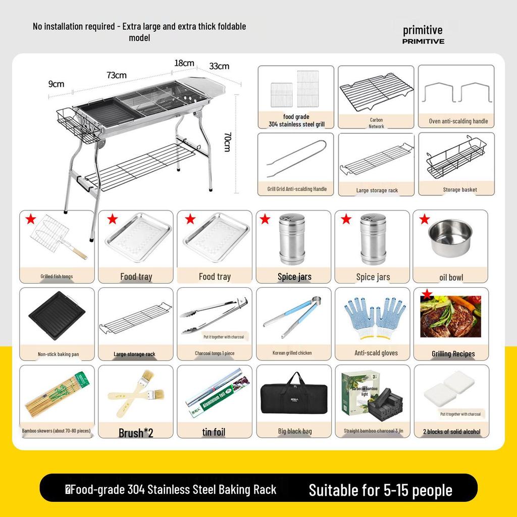 Large Stainless Steel Portable Folding Charcoal BBQ Grill for Outdoor and Home Use