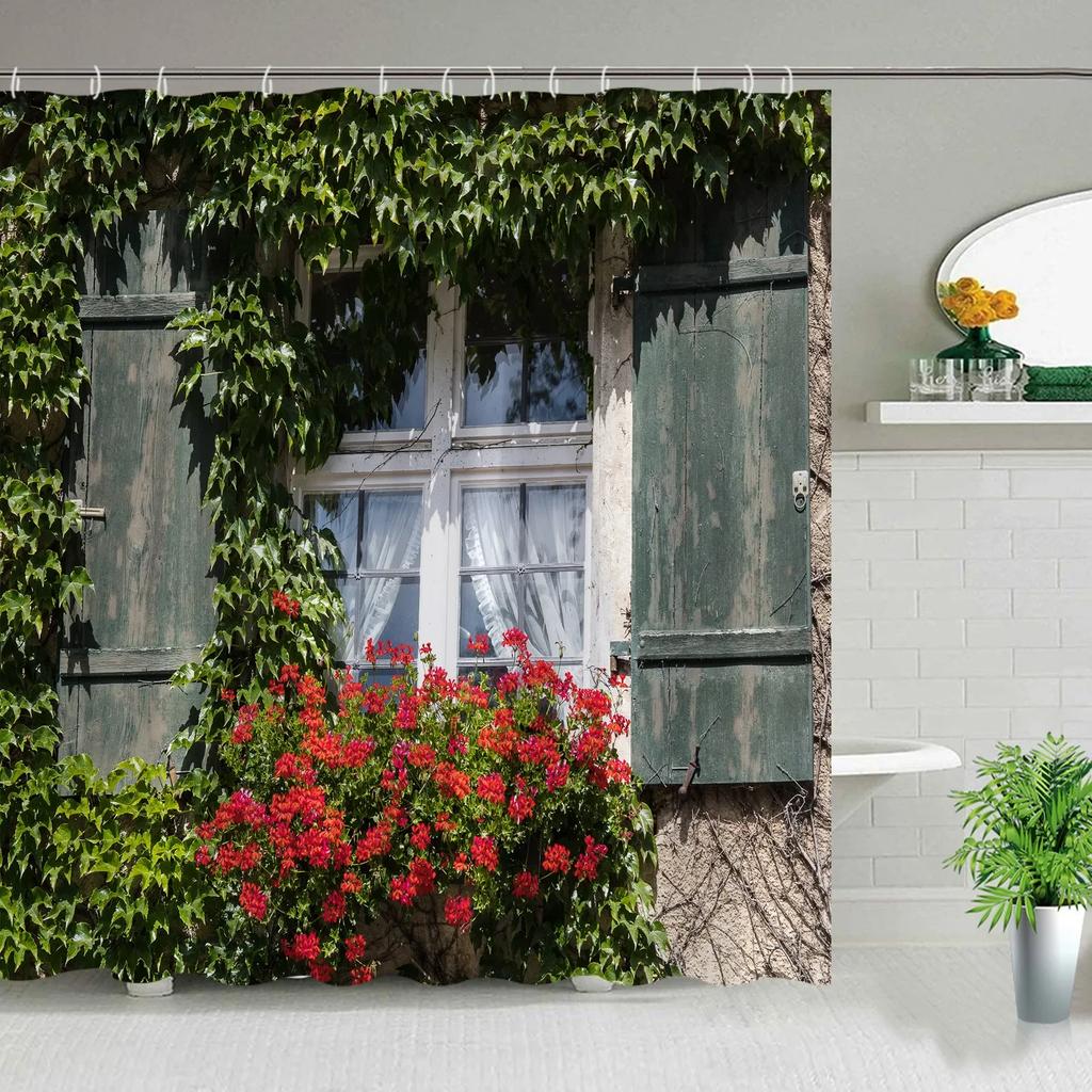 Tenda da Doccia da Giardino Esterna Muro a Fiori Arco Architettura Piante Fiori Paesaggio Poliestere Tende Sospese Decorazioni Bagno