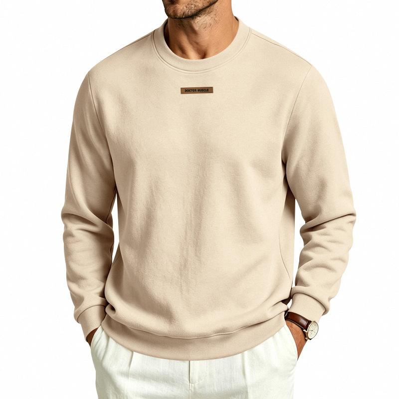 Men's Crew Neck Sweatshirt Solid Color Long Sleeve Pullover Top with Small Chest Label Casual Loose Fit Daily Wear Sweatshirt