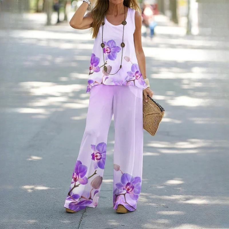 BITCED Women's Printed Casual Two Piece Tank Top with Elasticated Waist Pants Womens Suit