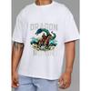 Dragon Ronin T Shirt White Samurai On Horse with Blue Dragon and Mountain Scene Graphic for Casual Wear
