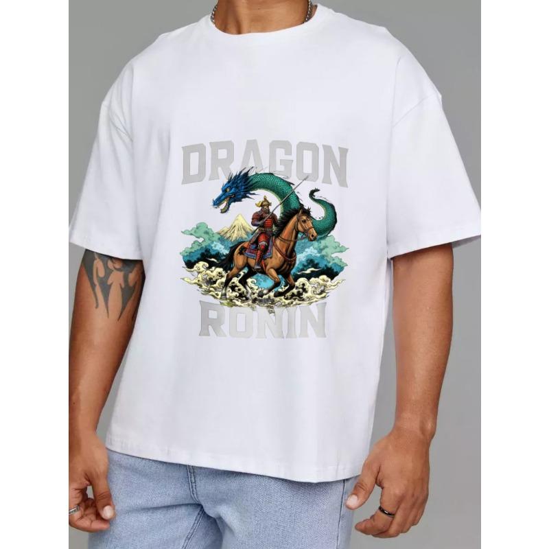 Dragon Ronin T Shirt White Samurai On Horse with Blue Dragon and Mountain Scene Graphic for Casual Wear