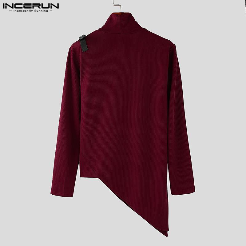 INCERUN Men Turtleneck Long Sleeve Patchwork Irregular Thin Rib Tops Undershirts