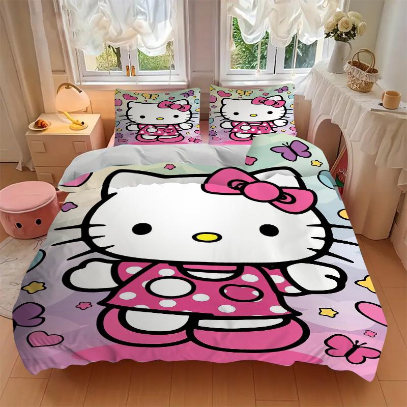 3pcs Hello Kitty & Butterfly Bedding Set, Including 1 Quilt Cover and 2 Pillow Shams, Without Filling, Soft and Comfortable Home Bedroom W033