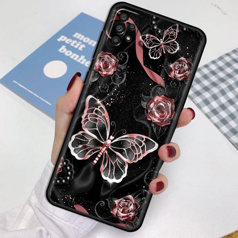 Case For Samsung Galaxy A52 A12 A32 A51 A21s A71 A13 A53 A22 A31 A72 A03 A02s A41 Black Phone Shell Beauty Pink Butterfly