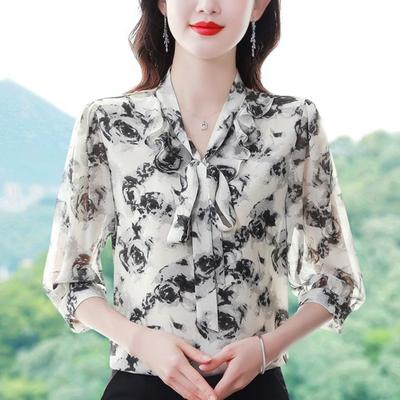 Chiffonhemd mit siebenminütigen Ärmeln und Blumenmuster, neue modische Oberteile für Damen im Frühjahr und Sommer, lockeres, vielseitiges Damenhemd