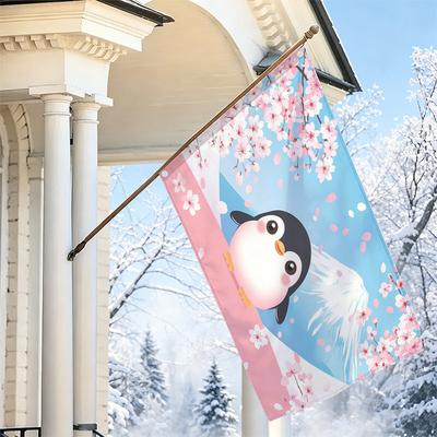 2D Flat - 2D Flat - 1pc 2D Flat, Decorative Flag, Cute Penguin Cherry Blossom Fuji Mountain Pattern Single-Sided Printed Flag, Japanese Style Landscap
