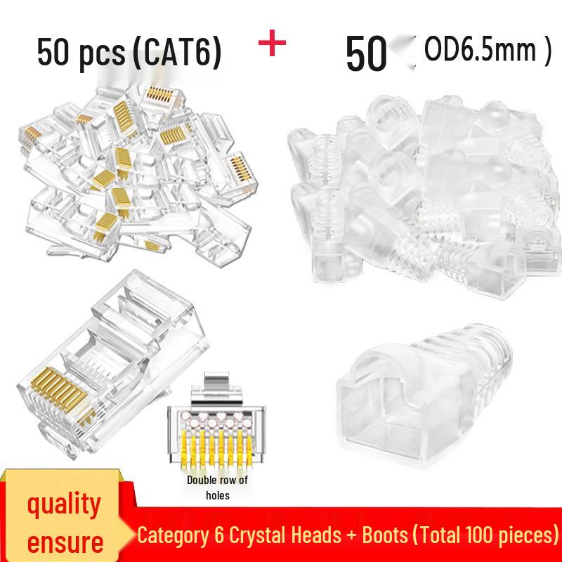 RJ45 Boot 50-Piece Set: Gold-Plated CAT6 Crystal Head & Network Cable Rubber Boots - 100 Pieces Total