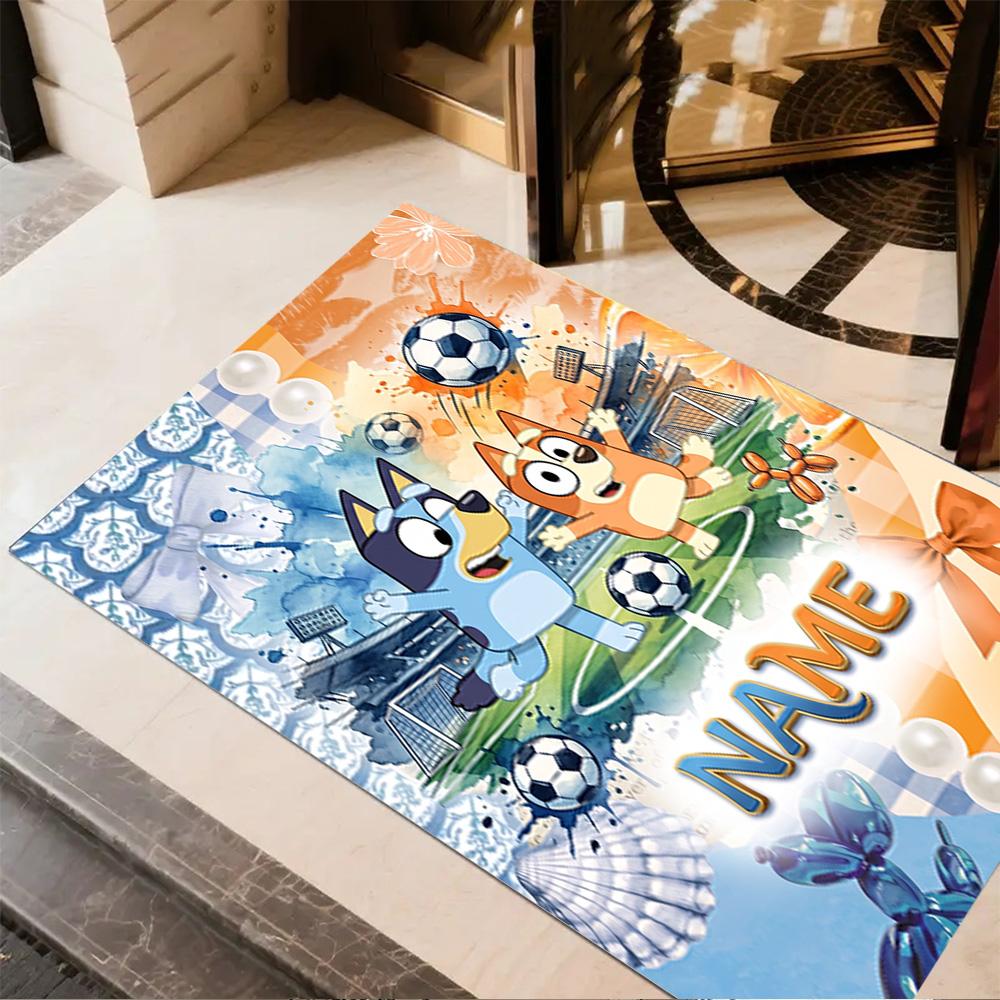 Bluey's Festive Football Fun Customized Name Floor Mat Suitable for Bedrooms Living Rooms Dining Room Decorate Room Antislip Carpet Anime Office Decor