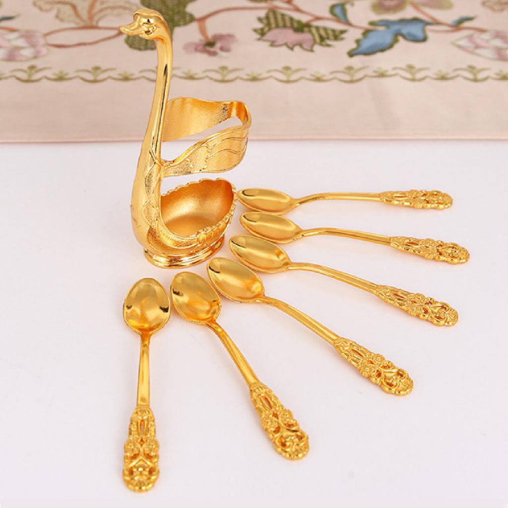 Coffee Spoon Holder Elegant Swan Shaped Alloy Mirror Polish Rich Details Coffee Stirrers Holder for Party Cafe Office Gold Holder with Spoon