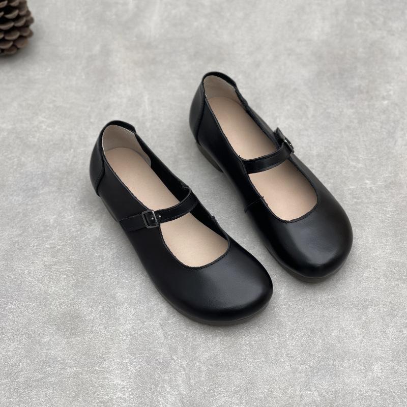Johnature Handmade Genuine Leather Round Toe Pumps Minimalist Solid Color Soft Cowhide Women's Low Heels Shoes