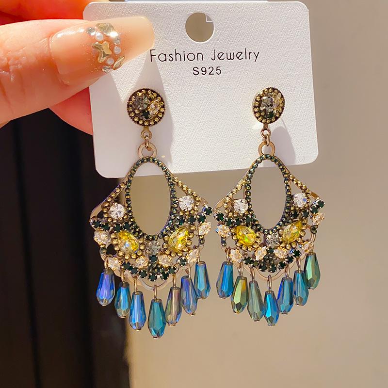 Retro Silver Needle Zircon Glass Water Drop Earrings Court Temperament Stud Earrings Personality Trend Versatile Earrings Women