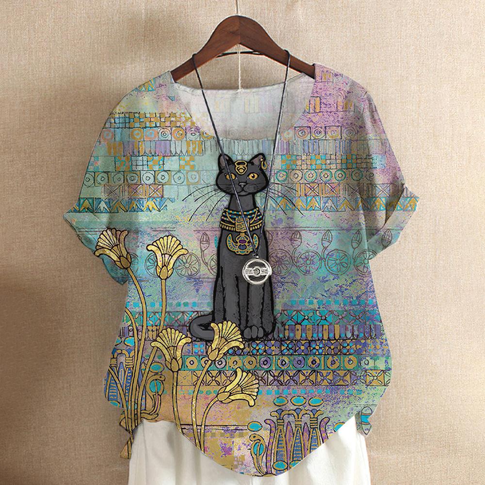 

Женская футболка с рисунком кота, блузка в стиле Харадзюку, топы большого размера с короткими рукавами и круглым вырезом, повседневный пуловер, летние милые футболки, женская одежда 6XL