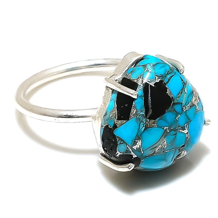 Copper Blue Turquoise Gemstone 925 Sterling Silver Jewelry Ring Size Adj. GK-6046