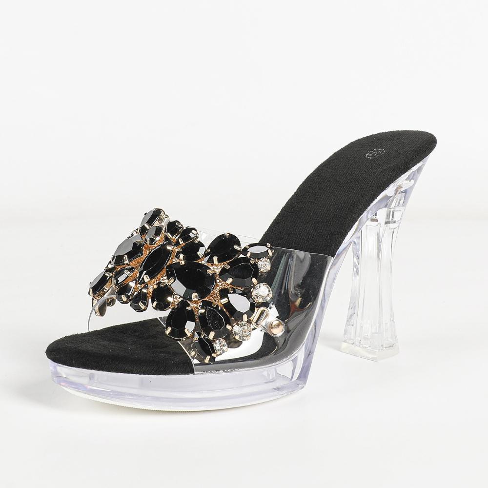 Sexy Banquet Crystal Rhinestone Stiletto Transparent Platform Slippers Summer Women Party Footwear LFD-198711-Q5