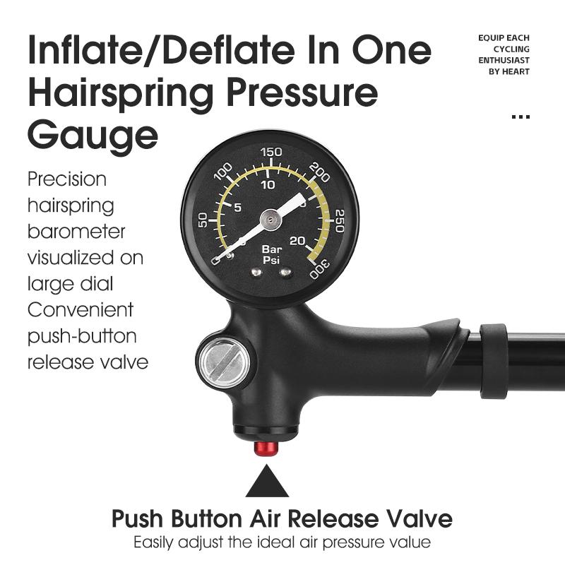 WEST BIKING 300PSI High Pressure Bicycle Pump With Gauge for Fork & Rear Suspension Portable Presta Schrader Valve Inflator