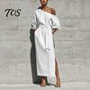 Women Long Dress One Shoulder Dress, Solid Color Tie Waist Side Split Casual Summer Dresses Party Sleeve Maxi for Everyday Wear