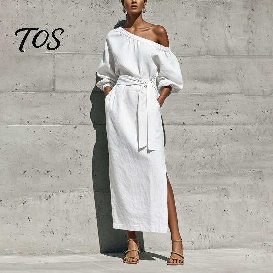 Women Long Dress One Shoulder Dress, Solid Color Tie Waist Side Split Casual Summer Dresses Party Sleeve Maxi for Everyday Wear