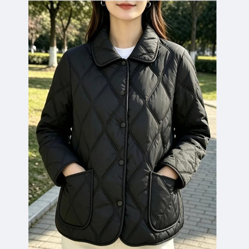 Spring/Autumn Women's Outerwear, Doll Collar Rhombus Quilted Padded Coat, High-Quality Women's Clothing, Popular Top