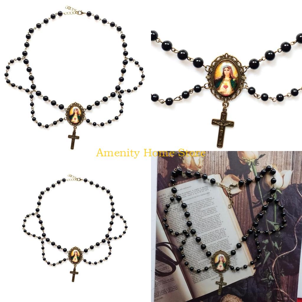 

F26C Crystal Beads Rosary Catholic Necklace Miraculous Medal & Crucifix Pendant Catholic Necklace Chain for Women Girl Teen CN