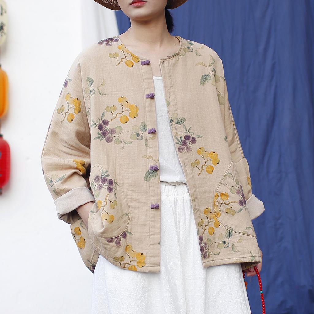 Johnature Women Vintage Print Floral Jackets Bat Sleeve Coats Spring Button Pockets Chinese Style O-Neck Jackets