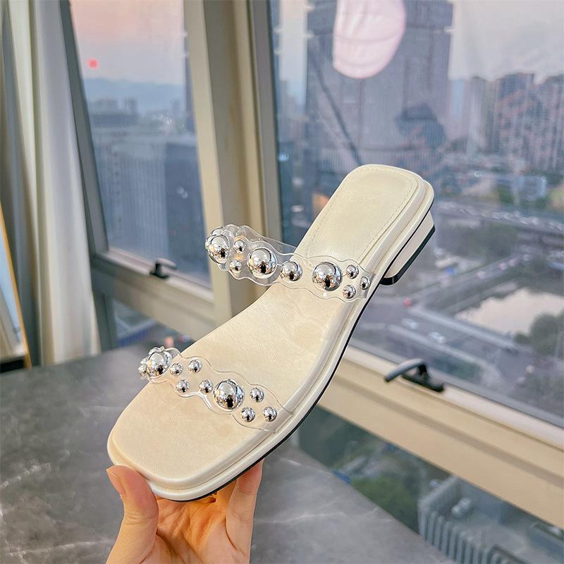 

Fairy feng shui diamond slippers female summer wear fashion high sense transparent word with casual fashion crystal sandals 40 бежевий