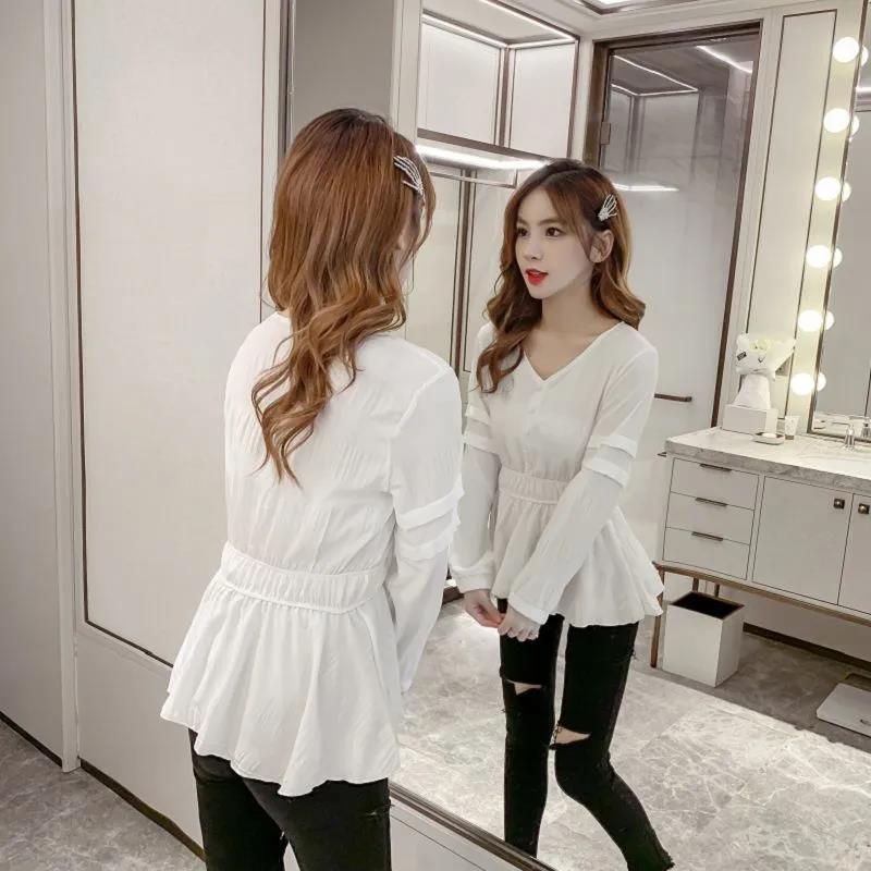 Nipped Waist Ruffled Uzun Kollu Şifon Gömlek Kadın Şifon Bluz Düz Pileli Kloş Kollu Üst Kadın