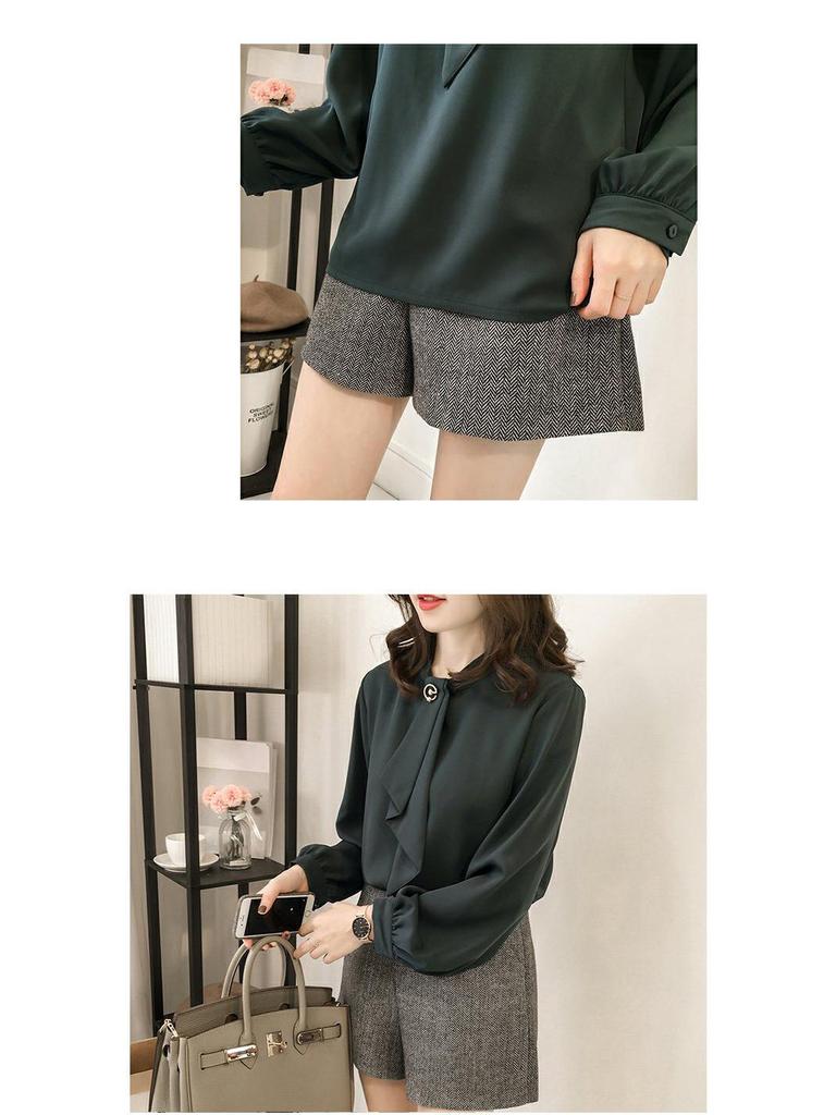 Women's Plus Size Autumn Lantern Sleeve Chiffon Shirt - Solid Color, Loose Fit, Long Sleeve, Korean Style