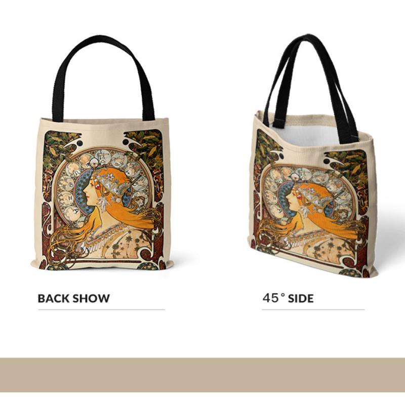 Mucha-serien bildaffisch Canvas tygväska Retro handväska Axelväska Digitaltryck Damväska med topphandtag