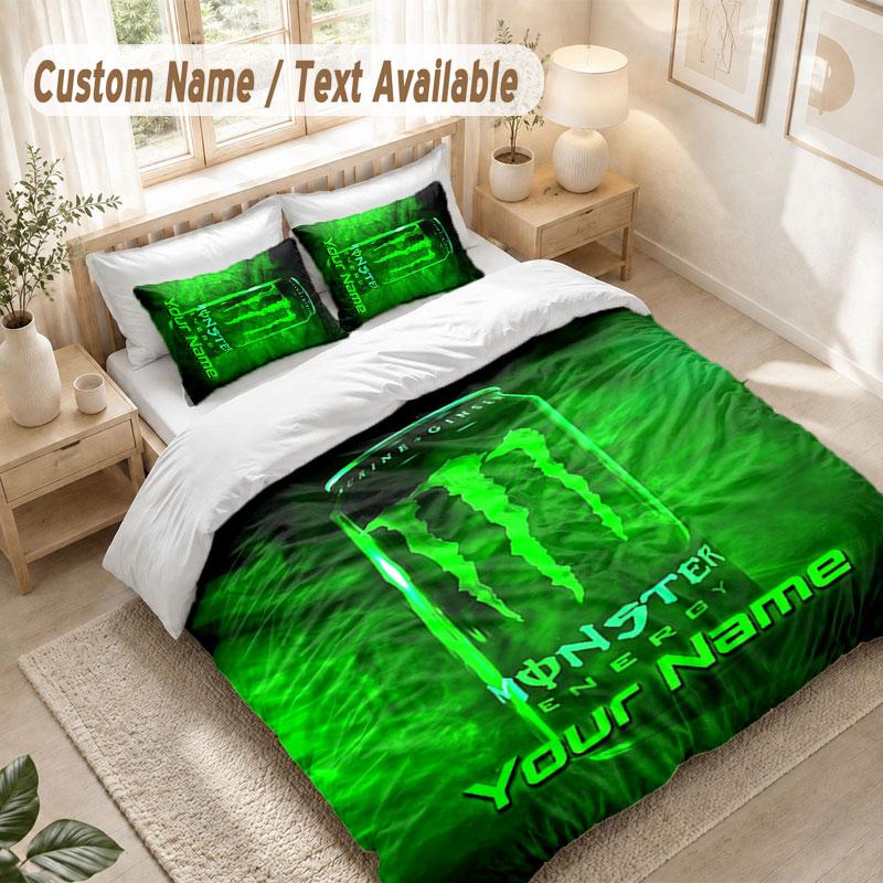 Set Biancheria da Letto Personalizzato 3 Pezzi Copripiumino Stampa Monster Energy + 2 Federe Morbido Arredo Letto