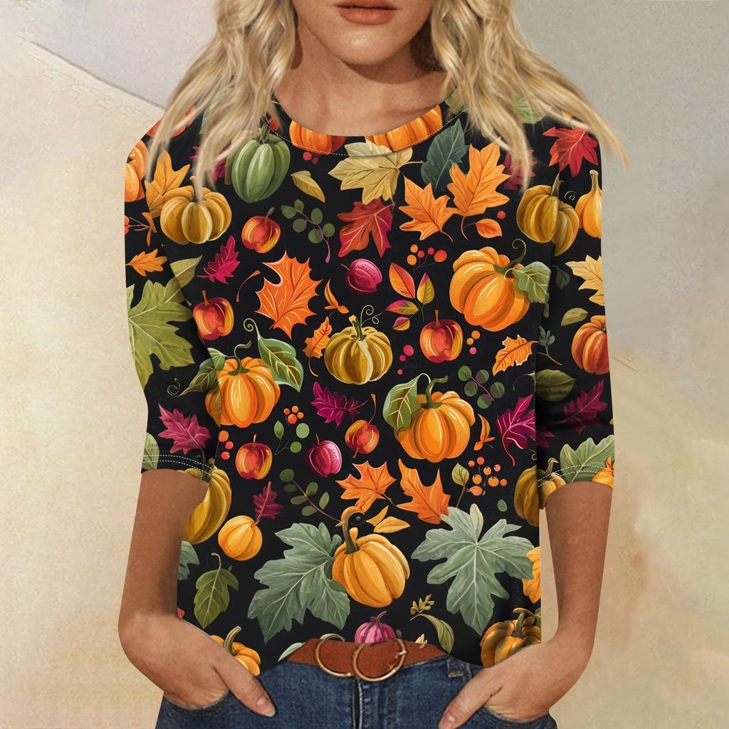 Women's Fashion Casual Three-quarter Sleeve Halloween Printed Round Neck Top