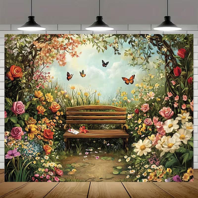 

2D Enchanted Garden Backdrop Bench with Blooms and Butterflies Portrait Studio Background 47.2x31.5inch/120*80cm