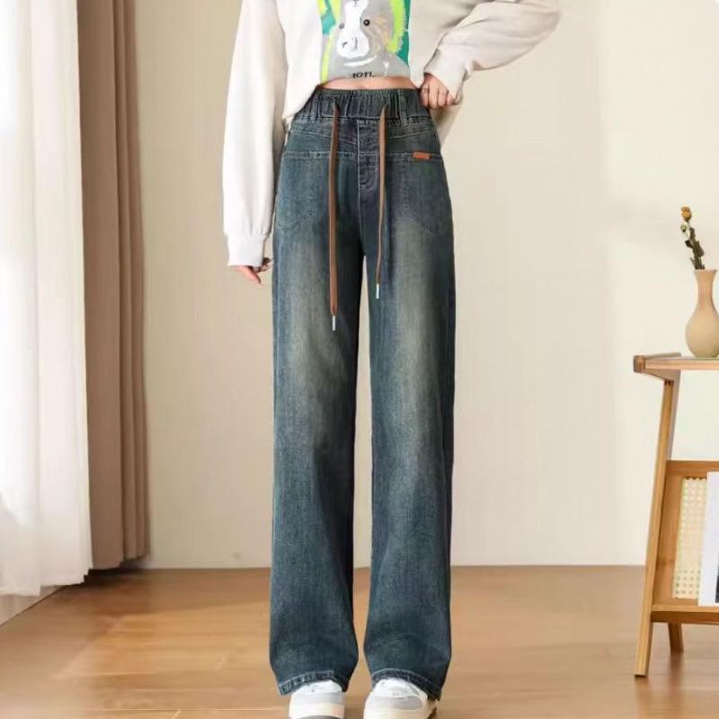 

Джинсы с эластичной талией и завязками на резинке 2024 года для девочек средней школы — высокая талия, универсальные широкие штанины в корейском стиле для весны и осени L (105-120 jin)