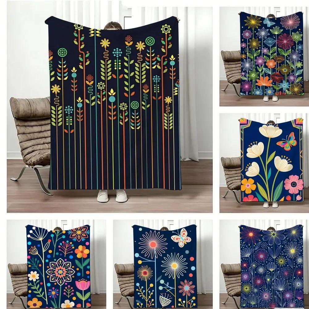 Vintage Boho flowers art Throw Lightweight Flannel Blanket Soft Skin-friendly for Summer Cooling