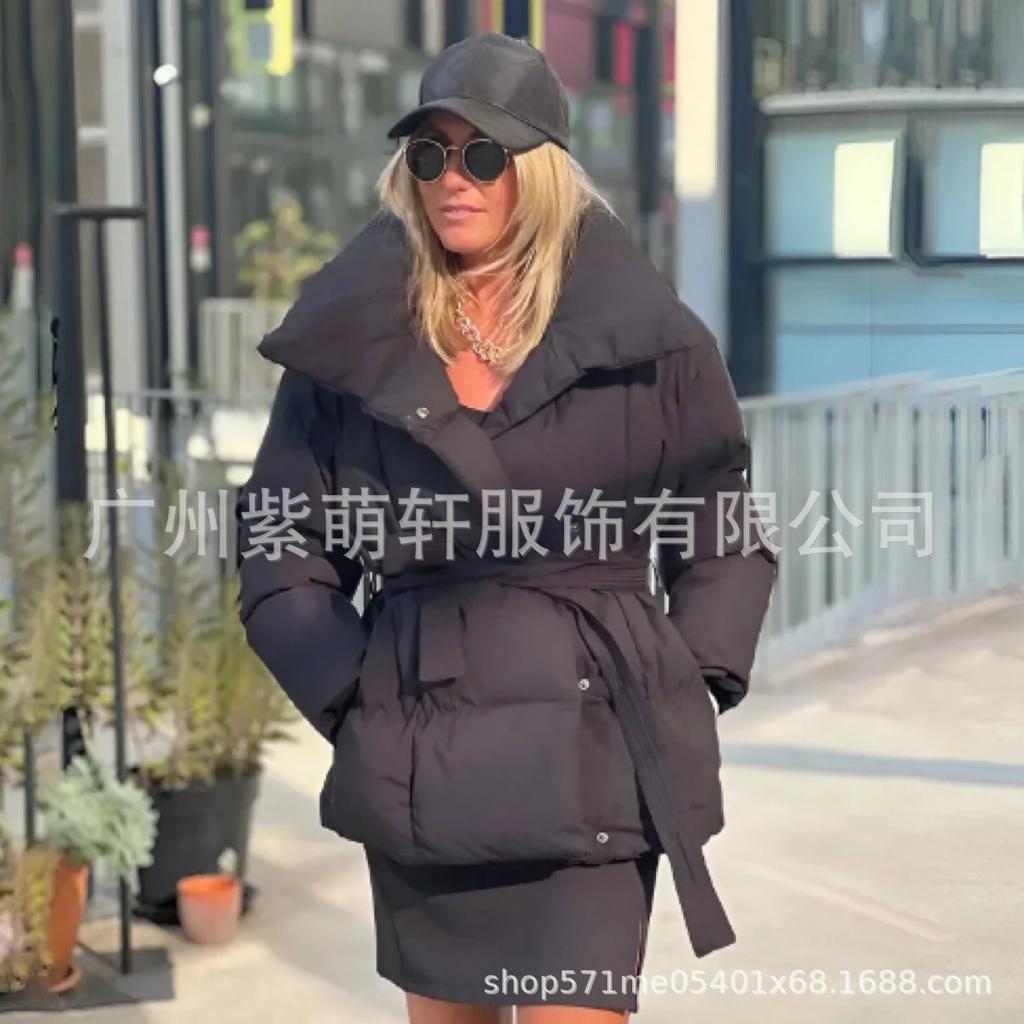 Women's Belted Lapel Puffer Jacket Coat, Winter Fashion Outerwear, Casual Tie Waist Long Sleeve Trench