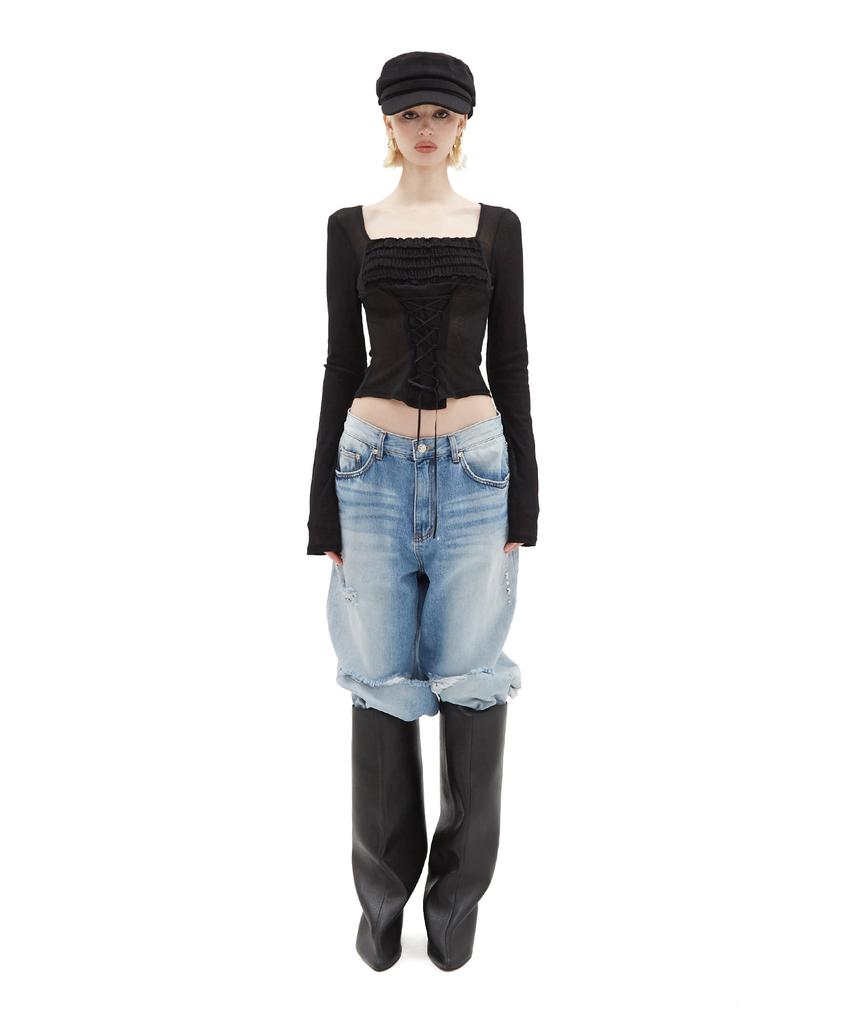 Hilda Pure Lace-Up Corset Top [Black]