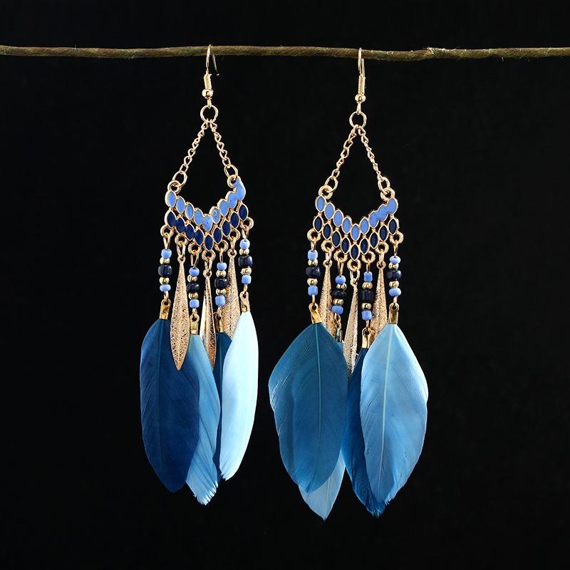 Retro Feather Fringed Earrings Women's Niche Personality Bohemian Blue Long Yunnan Travel Photography Earrings